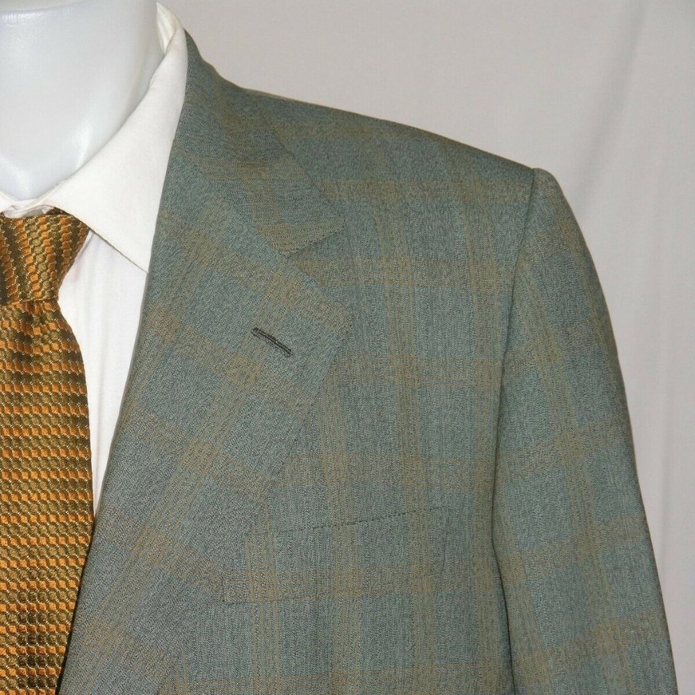 Giuseppe Grella Bespoke Pale Green Plaid Three Button Sport Coat 42L